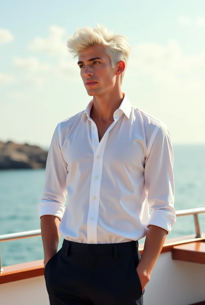 
 A young prince with an athletic build and fair skin.  Long, white hair that flutters in the wind . Beautiful young and pleasant face .  Dressed in a white button-up shirt and black pants . Elegant standing on a royal vessel 