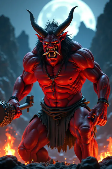 Oni (ghost, they)

A fearsome they demon with vivid red skin and a hulking muscular body, wearing a traditional tiger-skin loincloth. He holds a massive iron club (Kanabō) spiked with metal studs. His face is contorted in a fierce snarl, showing sharp fang...