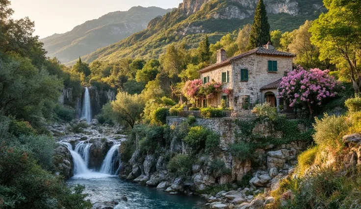 a spain style flower house under a lush green hillside, there is waterfall beside the house, a photo of a river at sunset, heaven background, The beauty of spain, clean image, forbidden beauty, amazing scenery, majestic nature scenery, ultrarealism, high d...