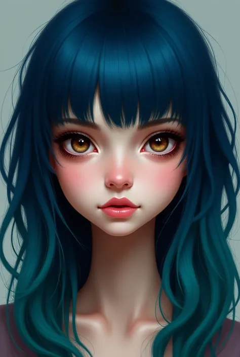 Create a realistic portrait of a teenage girl with very light and pale skin, light brown eyes, ear length hair. The hair should be blue with turquoise highlights. The girl’s hair has bangs and a lot of layers. She is wearing a lot of dark makeup.