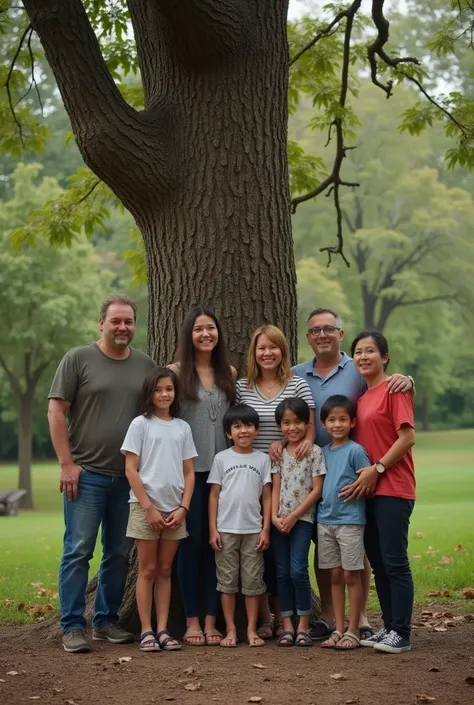 several people standing together in front of a tree in a forest, a picture by Caroline Mytinger, instagram, happening, happy family, photo taken in 2 0 2 0, beautiful surroundings, with village, 30-year-old woman from cuba, family, of a family standing in ...