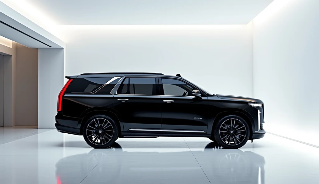 A captivating image of a 2025 cadillac escalade taking center stage in a luxurious white showroom. The futuristic, vibrant black exterior gleams, showcasing its sleek, aerodynamic design and bold accents. The side view highlights the cutting-edge innovatio...