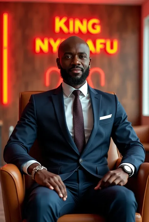 "A handsome African young man seated confidently on a chair, dressed in a sharp, well-fitted suit. The background features a vibrant CRDB BANK-inspired theme with the name King Nyamafu boldly displayed, creating a modern and stylish atmosphere."

he should...