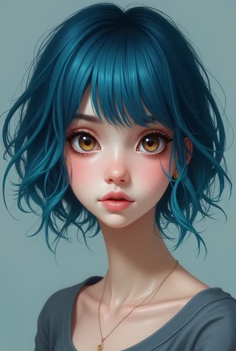 Create a realistic portrait of a teenage girl with very light and pale skin, light brown eyes, super short hair. The hair should be blue with turquoise highlights. The girl’s hair has bangs and a lot of layers. She has a lot of dark makeup on. 