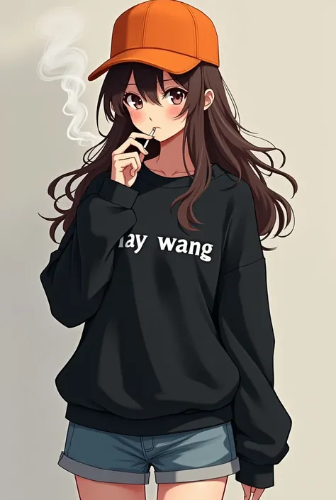 The brunette long-haired anime woman wears an orange cap, wears a black sweater in the middle of the shirt, writing the words."May Wang" No hood, wearing short jeans, smoking 