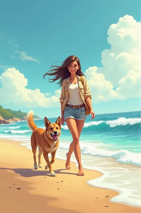 Young woman walking on the beach with a dog