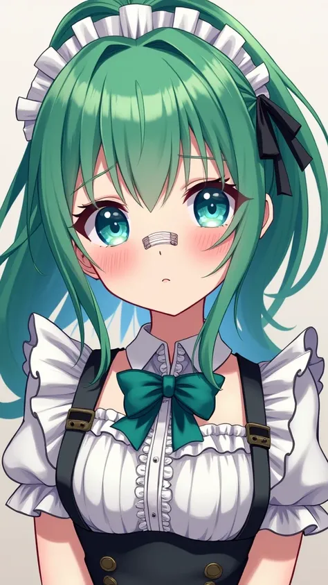 ((masterpiece)), ((best quality)), (ultra-detailed), ((kawaii)), cute, (lovely), anime style, in the middle, focus on the face, a cute girl, 1girl, solo, maid, beautiful green hair, beautiful blue eyes, ((beautiful eyes)), ponytail, hair ornaments, tattoo,...