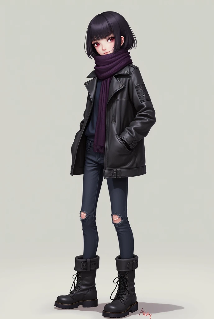 She is a short-haired Japanese girl, about . She wears a dark purple scarf, dark jeans or ripped trousers, with sturdy boots, wears a black or dark gray leather jacket with a slight fissure, with small scars on the arms and legs, slightly pinkish white ski...