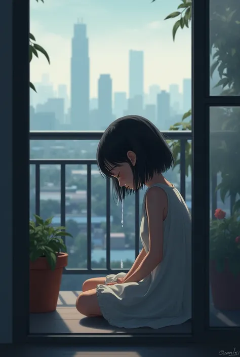 A girl is crying sitting on a balcony.