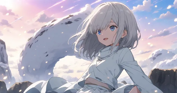 Snowfield　 Aurora　 girl with gray hair bob　 one eye is hidden　 skirt with open pupils 　Tattered and dirty white clothes　Person Distant 　 scenery main 　anime