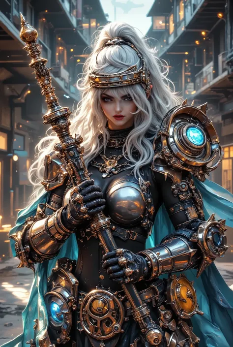 a highly detailed robot gladiator, intricate mechanical design, gleaming chrome armor, powerful hydraulic limbs, glowing blue energy core, epic battle pose, gears and pistons, futuristic sci-fi setting, dark moody lighting, cinematic camera angle, photorea...