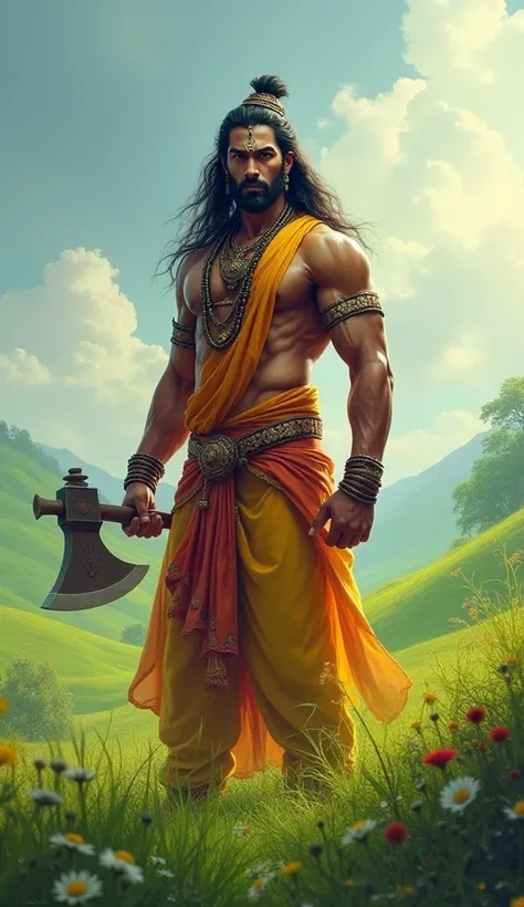 Lord Parshuram is standing in the field, holding an ax in his hand.