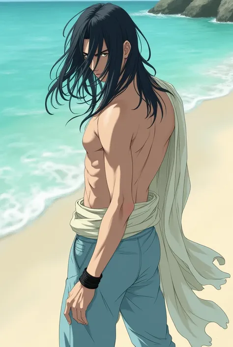 man not wearing clothes, black hair covering his eyes, wearing a black bracelet on his left hand, wearing trousers on the left, light blue and on the right, cream, beach background in anime form