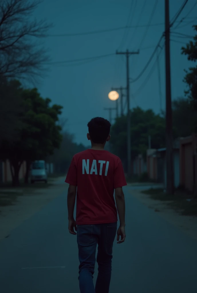 An 18-year-old wearing a "NATI" t-shirt walking slowly down the street. It is quiet and dim in the area. It is mostly deserted and the moon is half visible in the distance. *NATI" is of medium height. And the colors are red, blue, black, white.