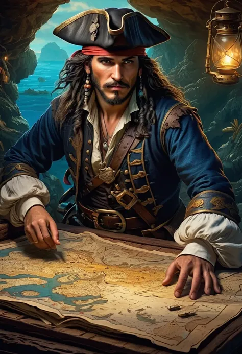 (best quality,highres,ultra-detailed:1.2),portraits of a mysterious personage with a map, epic oil painting style, ancient treasure-hunting adventure, realistic pirate depiction, detailed navigation map, mysterious atmosphere, candlelit cave, rich color pa...