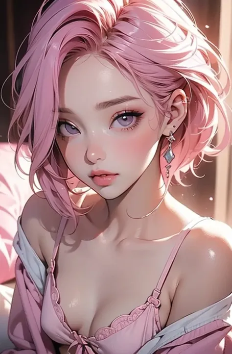    cool women、      sexy、  beauty.  ((Poke out your lips)).Kissing Face、((     pink hair)). ((       small breasts)).  beauty、          yandere  、           beautiful faces、           super detailed   、((Adult clothing)).(( adult sex appeal)).