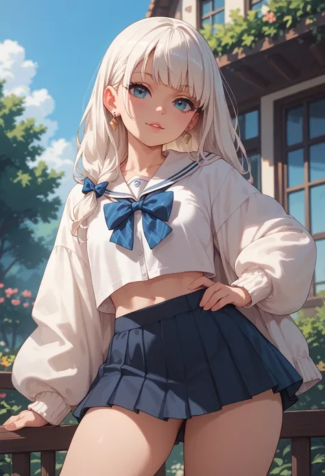 a Loli and a white-haired woman wearing a short skirt