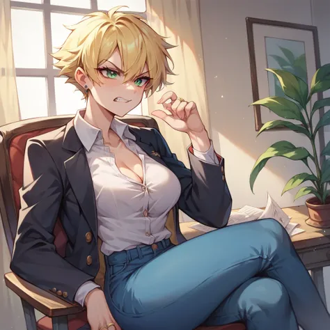 a tomboy with blonde hair and green eyes. she looks really angry and has a wedding ring on her left ring finger. she wearing a black blazer and a white undershirt with blue jeans. she is sitting in a chair in an office.