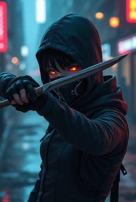 Anime character holding a karambit in a mask