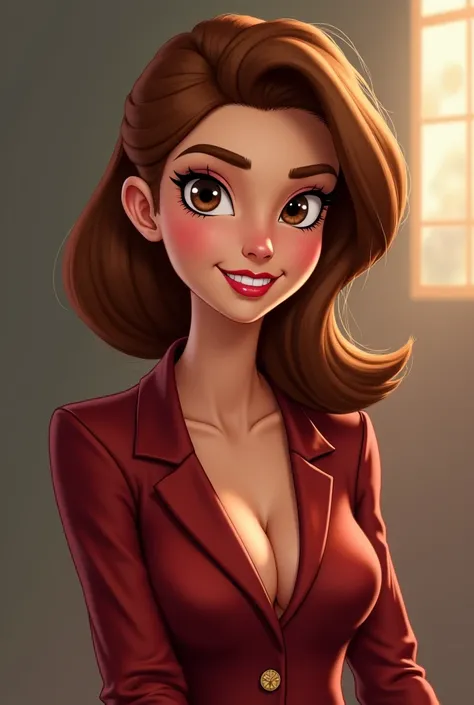 Créée une image dune femme branché et chic en personnage style disney au cheveux marron et avec des yeux marrons et des petits point marron visible sur le nez. Et blazer avec robe sexy et une peau mate