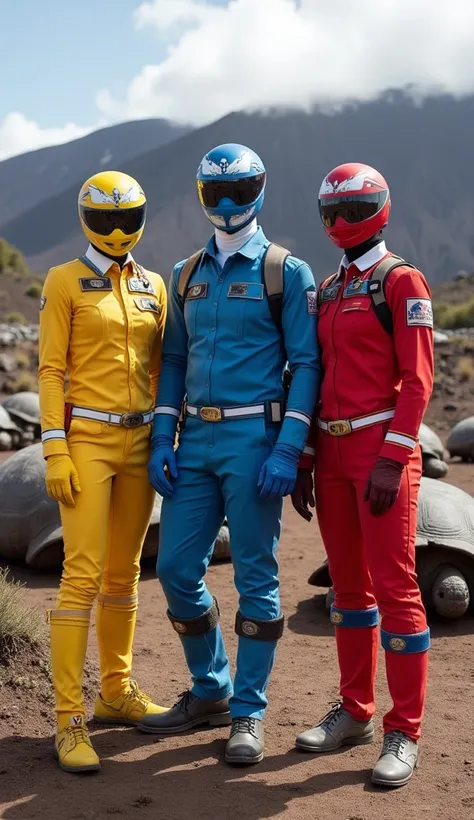 Number of Rangers: 3 (yellow, blue, red).

Design:

Suits inspired by the Galapagos Islands and Andean culture, with condor and tortoise motifs.

Helmets feature designs of the Andes and volcanic landscapes.


Environment:

The Rangers are on the Galapagos...