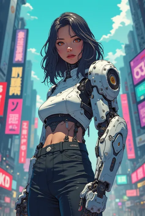 A teenage girl stands confidently, her gaze piercing through the futuristic landscape. Her right hand is replaced with a massive cyborg cyber exosuit mechanical arm, its large metal hands grasping the air with calculated precision. The arms sleek joint att...