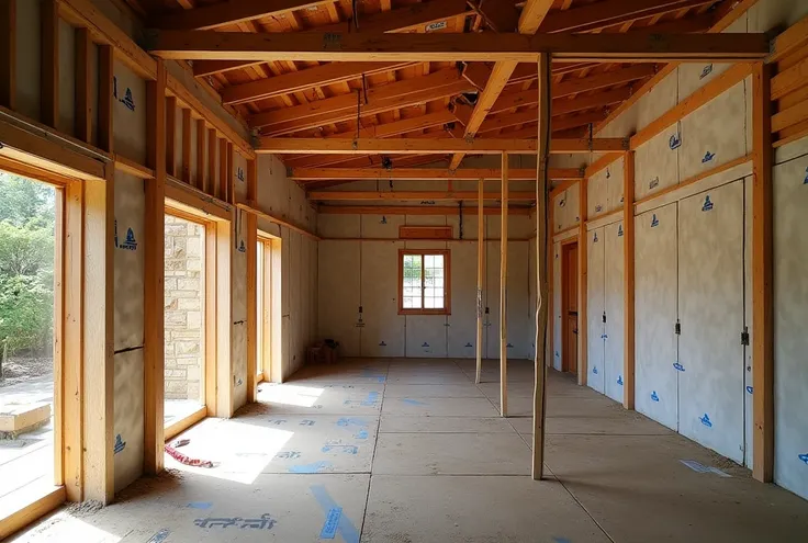 Photograph of a wooden-frame Japanese house undergoing seismic reinforcement construction. The image captures the installation of structural reinforcements, showcasing exposed wooden beams, insulation materials, and partially completed walls. Visible detai...