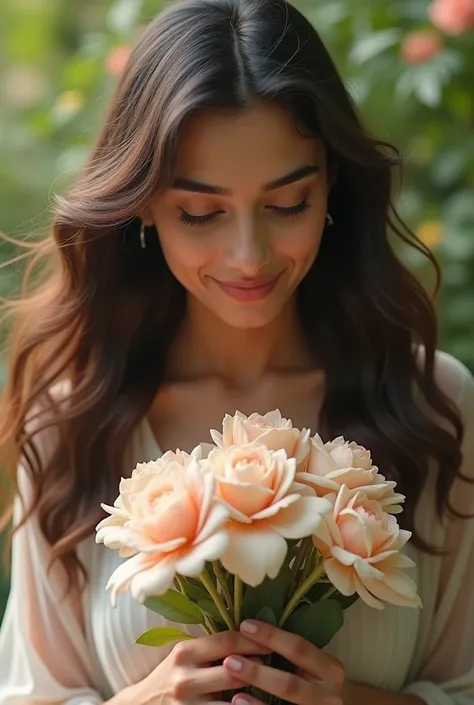 Can you generate me a realistic natural looking 4 second video of beautiful lady who looks a blend of Kiara Advani and Alia Bhatt blushing with flowers in hand