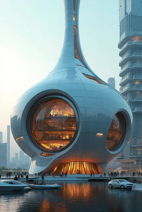 detailed hyper-realistic futuristic onion-shaped building, intricate architectural details, ultra-detailed, 4k, 8k, masterpiece, photorealistic, cinematic lighting, dramatic shadows, vibrant colors, gleaming metal and glass surfaces, complex geometric patt...