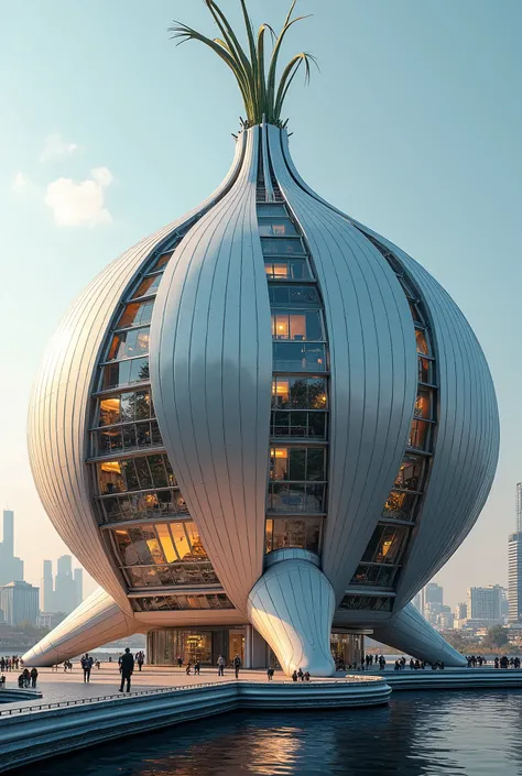 detailed hyper-realistic futuristic onion-shaped building, intricate architectural details, ultra-detailed, 4k, 8k, masterpiece, photorealistic, cinematic lighting, dramatic shadows, vibrant colors, gleaming metal and glass surfaces, complex geometric patt...