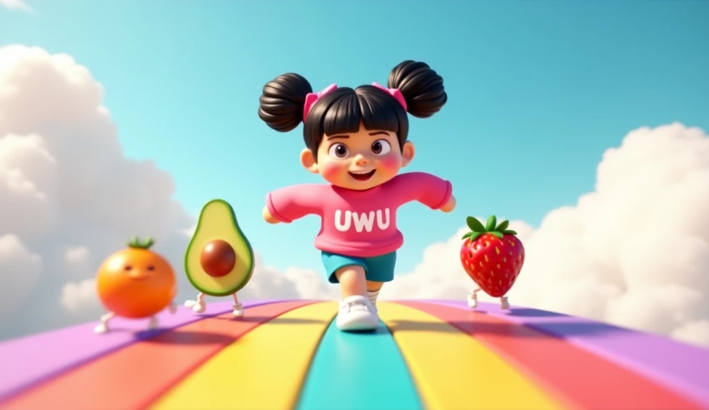 The style is 3D pixar with a Vibrant color palette, in 3 D pixar animation image of a girl, adorable with her hair into two buns on top and bangs, pink long sleeve shirt, written "UWU" in white, blue shorts, white shoes, running with cute fruits such as or...