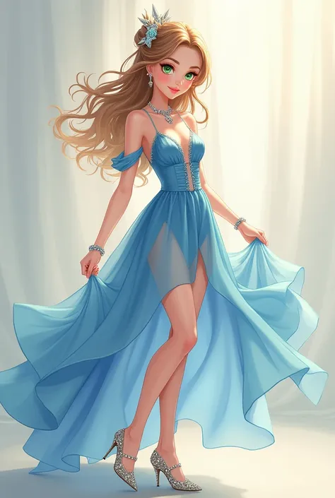 Anime 2d girl with: [Appearance= "light-brown hair", "green eyes"]
[Clothes= "blue dress", "crystal shoes", "expensive jewelry"]