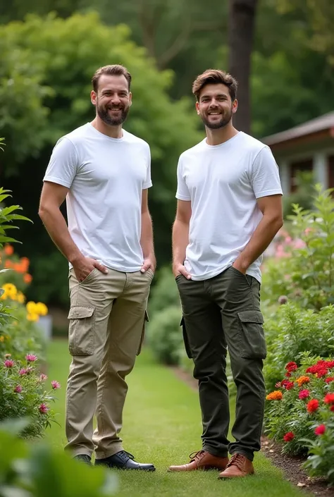 Men in t shirt and cargo pent single photo garden back ground 