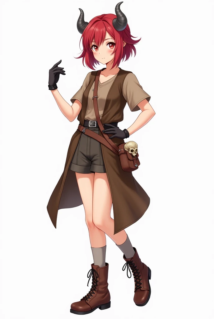 Anime Art woman 、 Characters from the early modern period  ,   wearing a brown short-sleeved t-shirt ,  brown hunting vest and brown shorts gray horns、and.、 leather sports boots  、hairstyle:  Short cut to the shoulder  、  red hair、 almond eyes、 red eyes 、、...