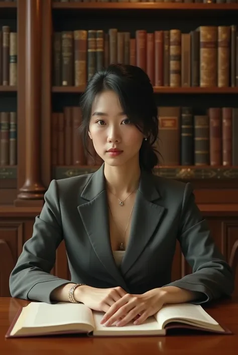 Norte-coreana em uma biblioteca luxuosa: "A hyper-realistic depiction of a North Korean woman with a serious and intellectual appearance, sitting at an elegant wooden table in a luxurious library. She is wearing a tailored, classic dress with subtle, sophi...