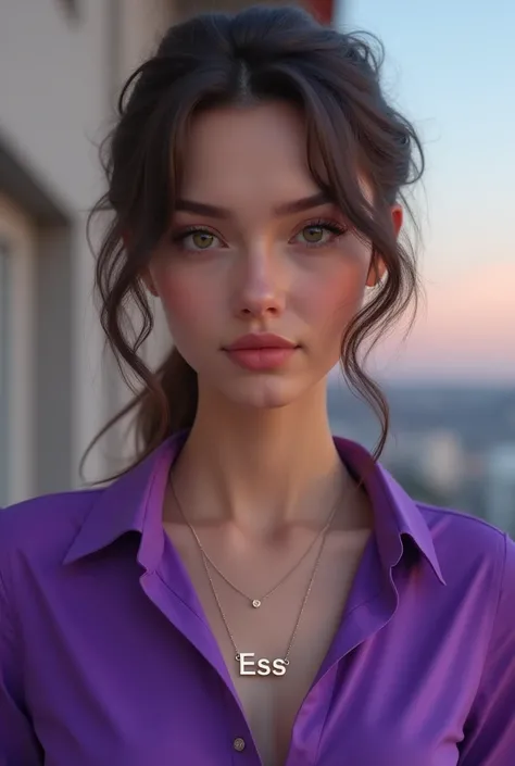  Beautiful real human woman in purple shirt wearing necklace with name Ess , background aesthetic  