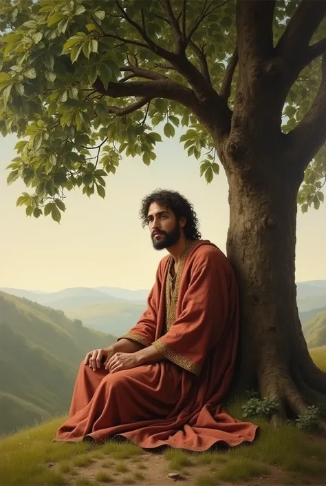  Create an image of Nathanael under the Fig Tree( Bible passage) in Martin Johns painting style  