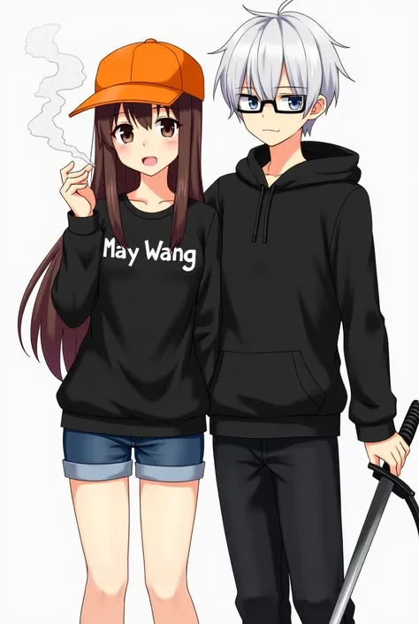 The brunette long-haired anime woman wears an orange cap, wears a black sweater in the middle of the shirt, writing the words."May Wang" No hood, wearing short jeans, smoking, standing next to an anime figure, a white-haired man wearing a black sweater, wi...