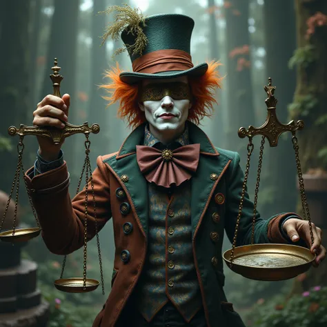  The crazy hatter holding a scale in his hands,  blindfolded , Like the Statue of Justice  