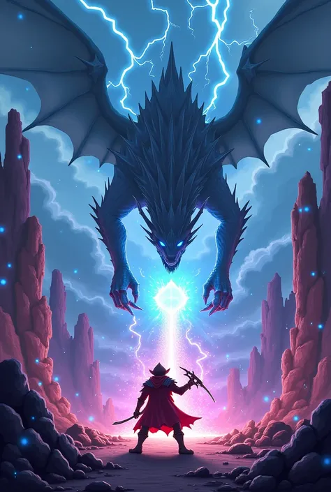 In cinematic cartoon 3d style "  A climactic scene where the adventurer battles a shadowy, dragon-like creature amidst lightning and magical sparks, protecting the gem. (The ultimate challenge.)