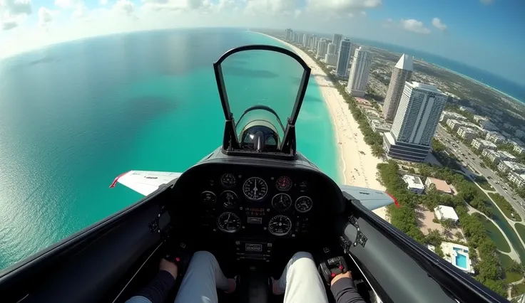 view from inside the cockpit of a fighter plane, flying fast over Miami Beach