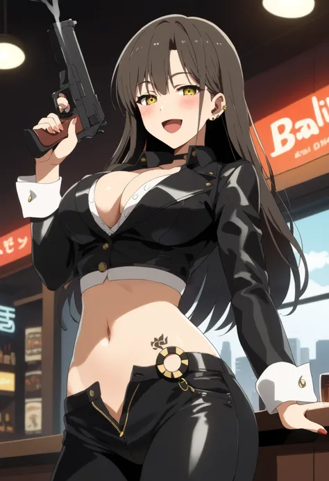 score_9, score_8_up, score_7_up, BREAK akibameidpokermob,source_anime, rating_safe, best quality, masterpiece, uncensored, 1girl,solo,
,yellow eyes,(green eyes:0.8),black hair,brown hair,,,smirk, , ear piercing, long hair, blush, lipstick,Hot girl, baddie,...