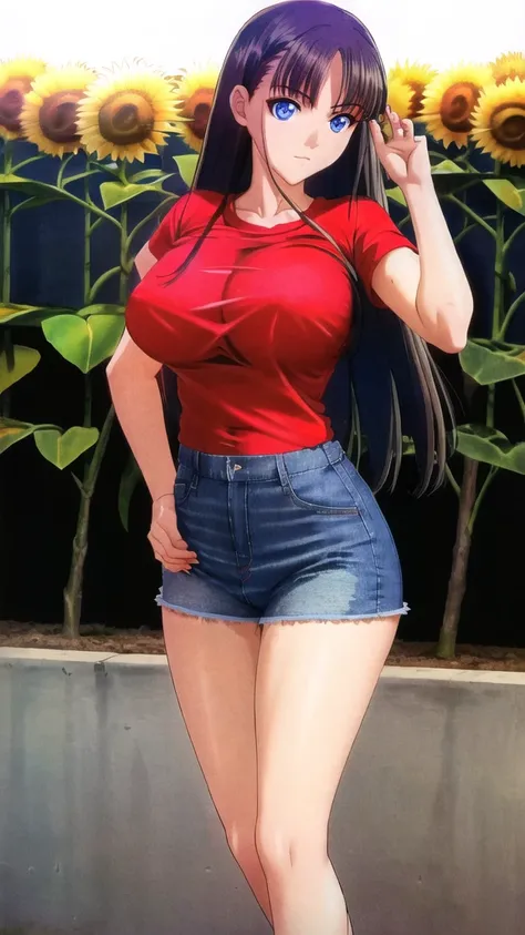 ((mizushima_asa))  (Red t-shirt, Long Straight Hair, Blue Eyes, Big Breasts:1.5, short skirt jeans), huge Breast, sunflower garden, masterpiece, best quality