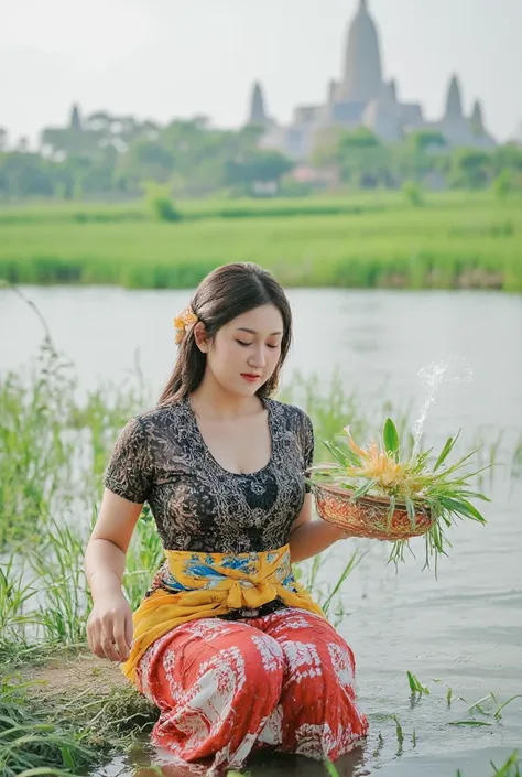 A sweet Korean girl,slightly  fat, wearing a long  batik  black kebaya and long red white batik bottoms, there is a long yellow and blue batik cloth around her waist that waves in the wind. He was sitting washing clothes in ther river, looks wet, water spl...