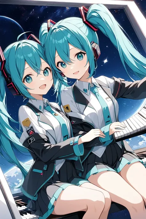   2 girls in 2,  Hatsune Miku  ＆Kagamine Rin、   Wakino, (masterpiece,  top quality ),  Official Art,   beautiful、and aesthetic : 1.2), (  1 girl),   very detailed, (Geometric Art: 1.3), In space、  miniskirt 、  pattern 、smile、 Singing 、Sit at the piano