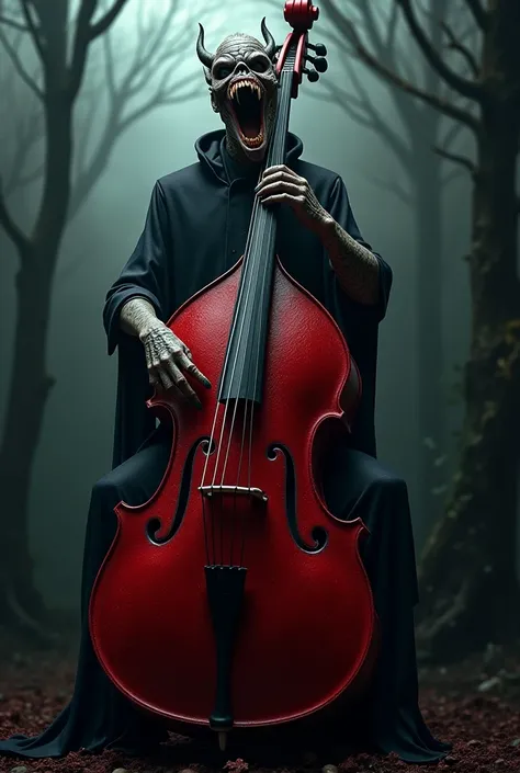 Blood double bass with a vampire mouth and teeth in a murky setting 