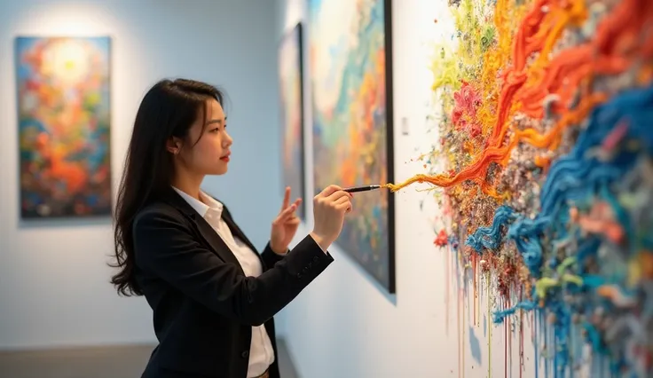 An Asian woman wearing professional attire stands gracefully in front of an art piece in a gallery, holding a pen and drawing in the air, with vibrant strokes of color trailing from the pen tip, creating an imaginative and captivating scene