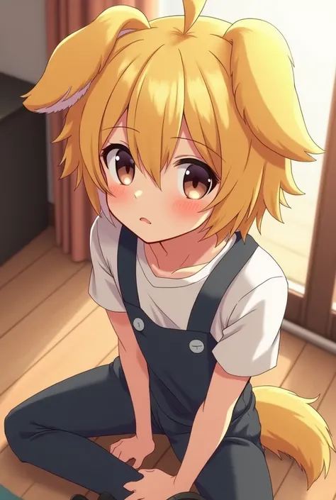  An Anime ((Man)) with Blonde, Fluffy Hair, That has downwards, floppy dog ears on his head that are also blonde. He also has a blonde fluffy tail. The man has dark brown eyes, hes sitting on the floor of a living room looking up at you