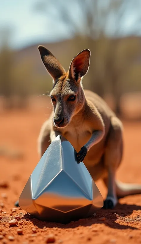 "A curious kangaroo in the Australian outback examining a shiny metallic tetrahedron resting on the red soil. The harsh sunlight creates sharp shadows, emphasizing the clean edges of the shape."