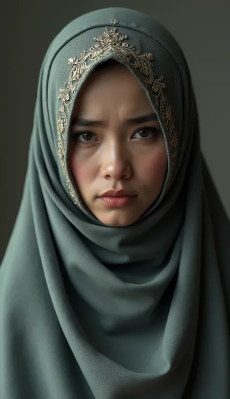 Make realistic picture, Indonesian hijab bride feel sad 